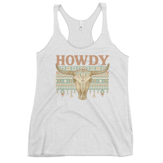 White tank top with graphic of bull skull, aztec pattern and the word howdy above #white