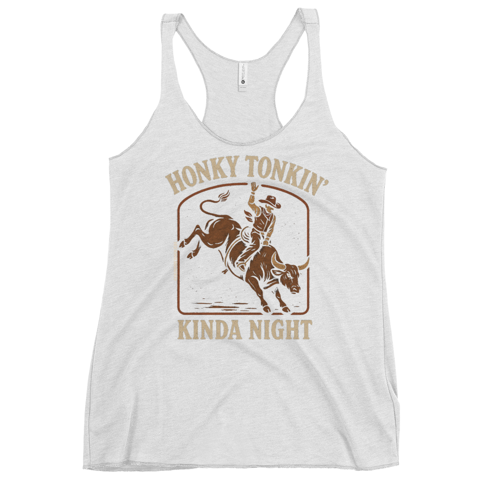 White Tank Top with graphic of bull rider and the words honky tonkin' kinda night #white