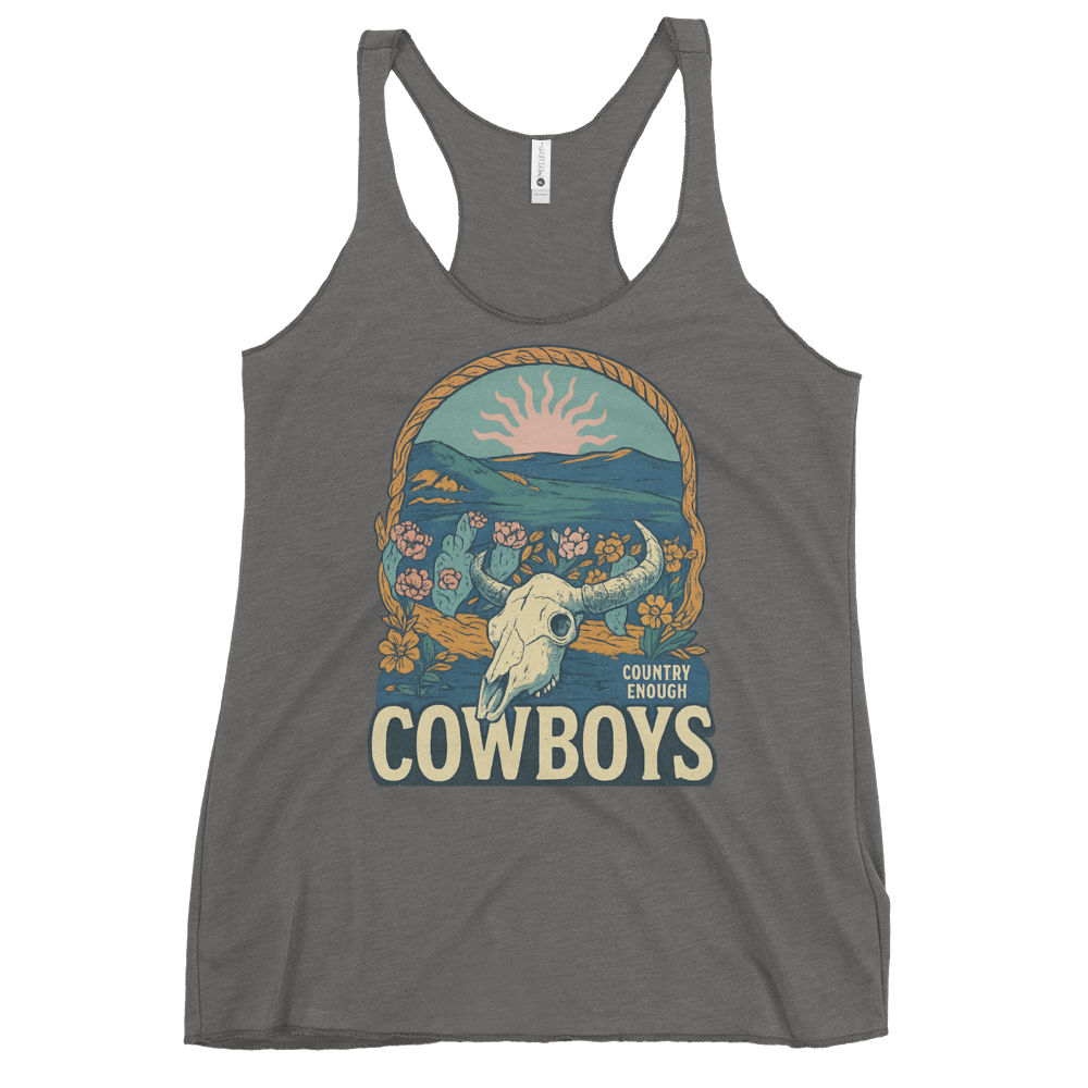 Heather Gray tank top with graphic of bison skull, sun, mountains, flowers and cacti with a rope border and the word cowboys below #heathergray