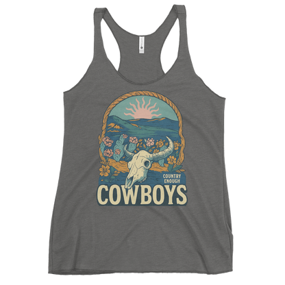 Heather Gray tank top with graphic of bison skull, sun, mountains, flowers and cacti with a rope border and the word cowboys below #heathergray