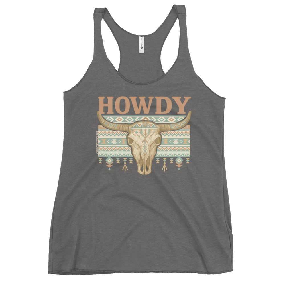 Gray tank top with graphic of bull skull, aztec pattern and the word howdy above #gray