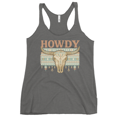 Gray tank top with graphic of bull skull, aztec pattern and the word howdy above #gray