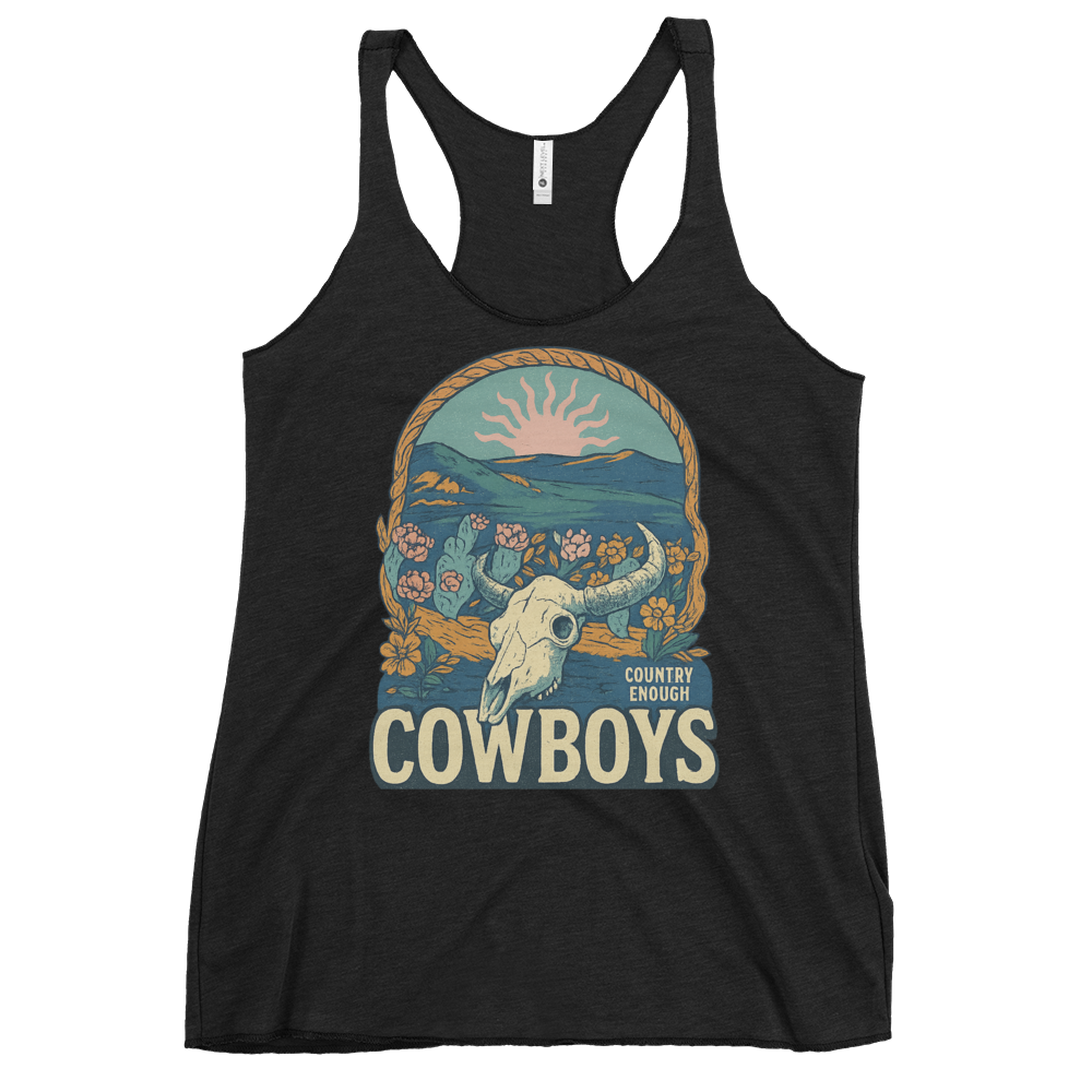 Vintage Black tank top with graphic of bison skull, sun, mountains, flowers and cacti with a rope border and the word cowboys below #vintageblack