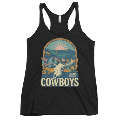 Vintage Black tank top with graphic of bison skull, sun, mountains, flowers and cacti with a rope border and the word cowboys below #vintageblack