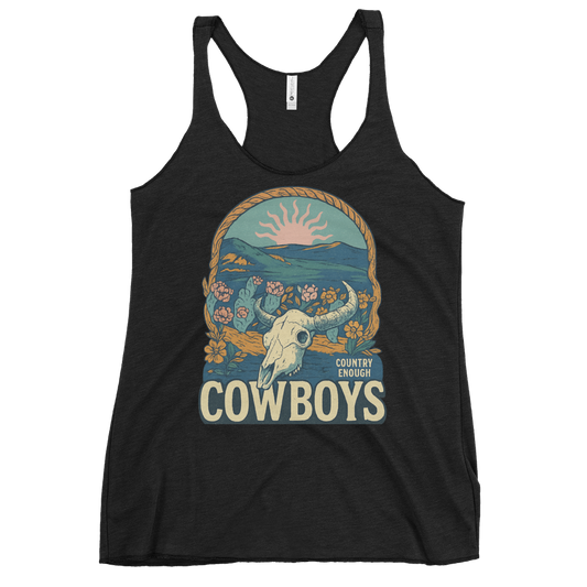 Vintage Black tank top with graphic of bison skull, sun, mountains, flowers and cacti with a rope border and the word cowboys below #vintageblack