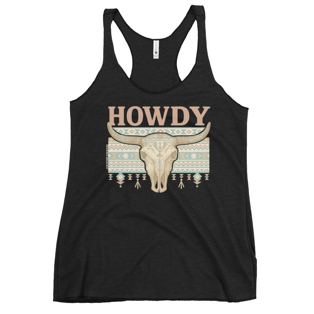 Vintage Black tank top with graphic of bull skull, aztec pattern and the word howdy above #vintageblack