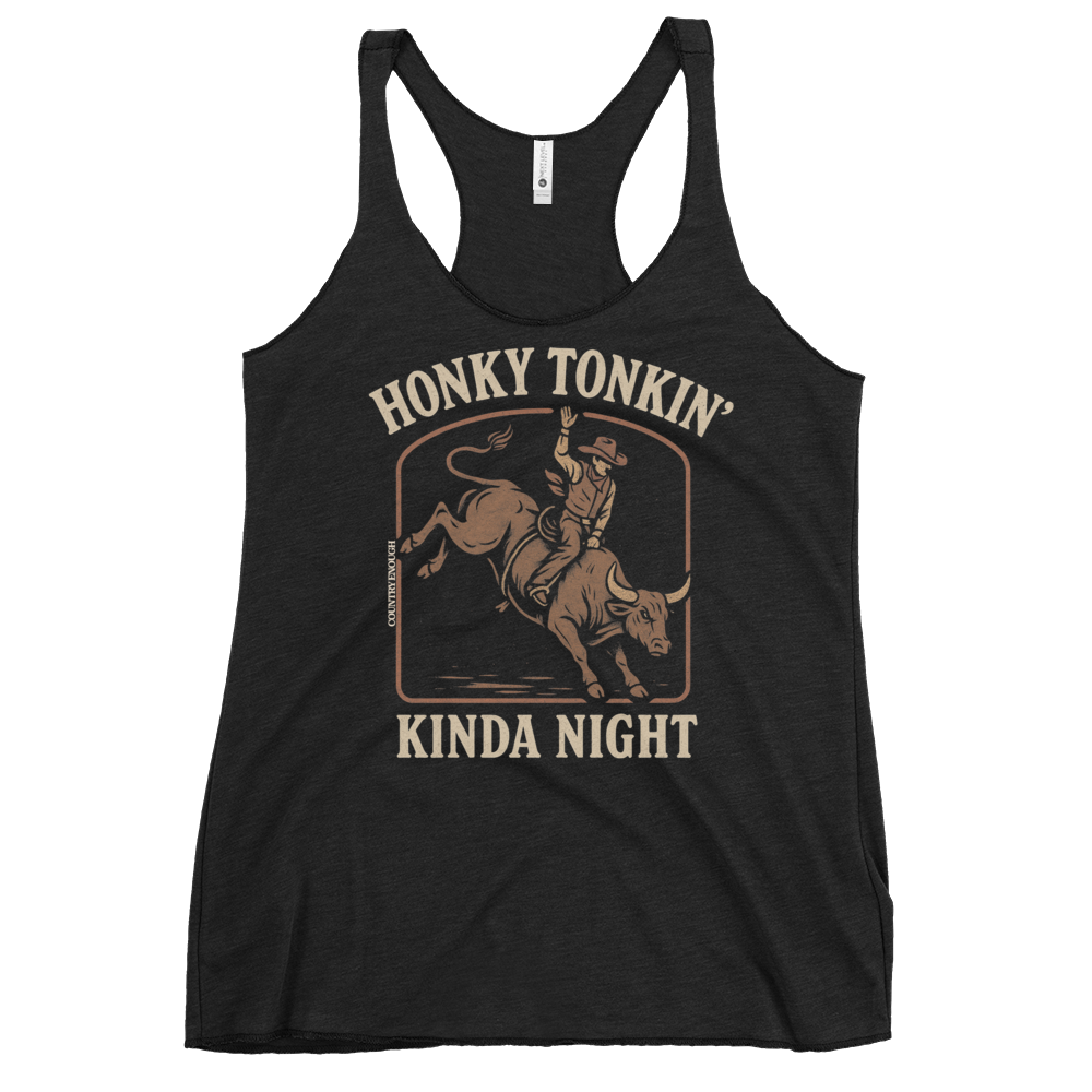 Vintage Black Tank Top with graphic of bull rider and the words honky tonkin' kinda night #vintageblack