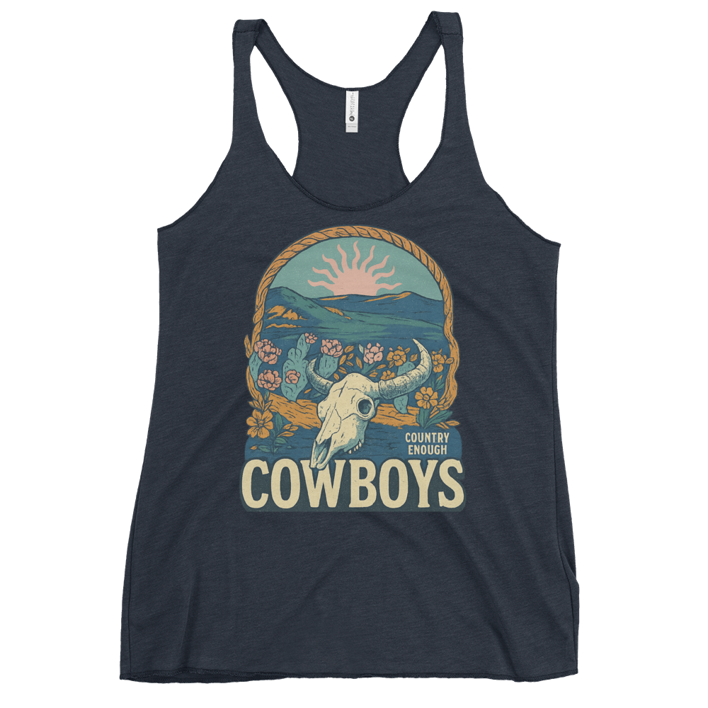 Navy tank top with graphic of bison skull, sun, mountains, flowers and cacti with a rope border and the word cowboys below #navy