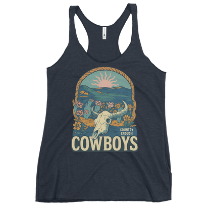 Navy tank top with graphic of bison skull, sun, mountains, flowers and cacti with a rope border and the word cowboys below #navy