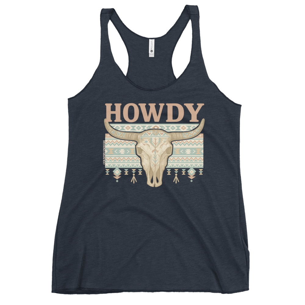 Midnight Navy tank top with graphic of bull skull, aztec pattern and the word howdy above #midnightnavy