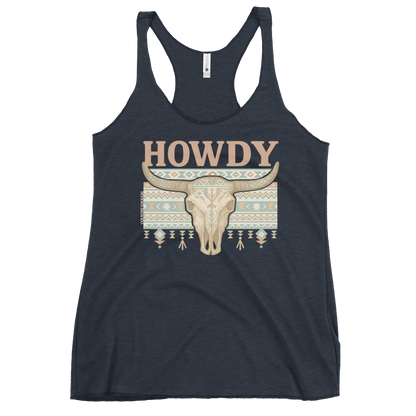 Midnight Navy tank top with graphic of bull skull, aztec pattern and the word howdy above #midnightnavy