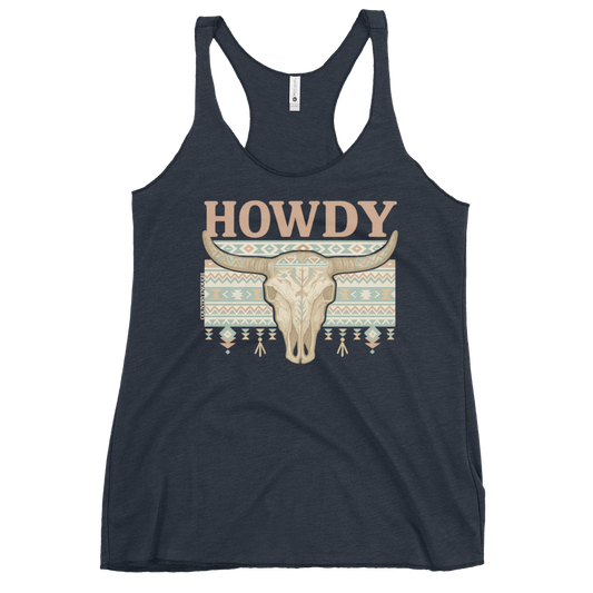 Midnight Navy tank top with graphic of bull skull, aztec pattern and the word howdy above #midnightnavy