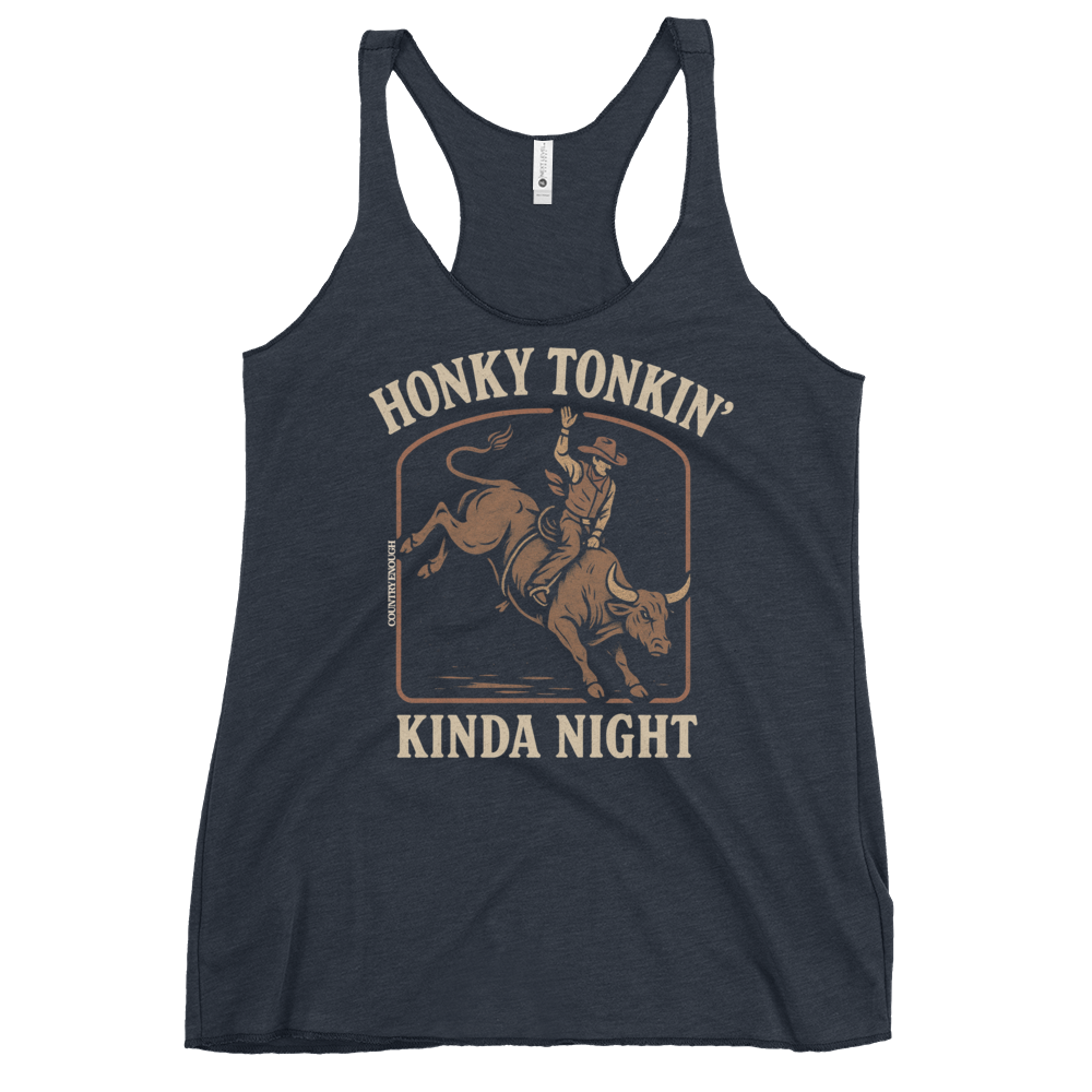 Midnight Navy Tank Top with graphic of bull rider and the words honky tonkin' kinda night #midnightnavy