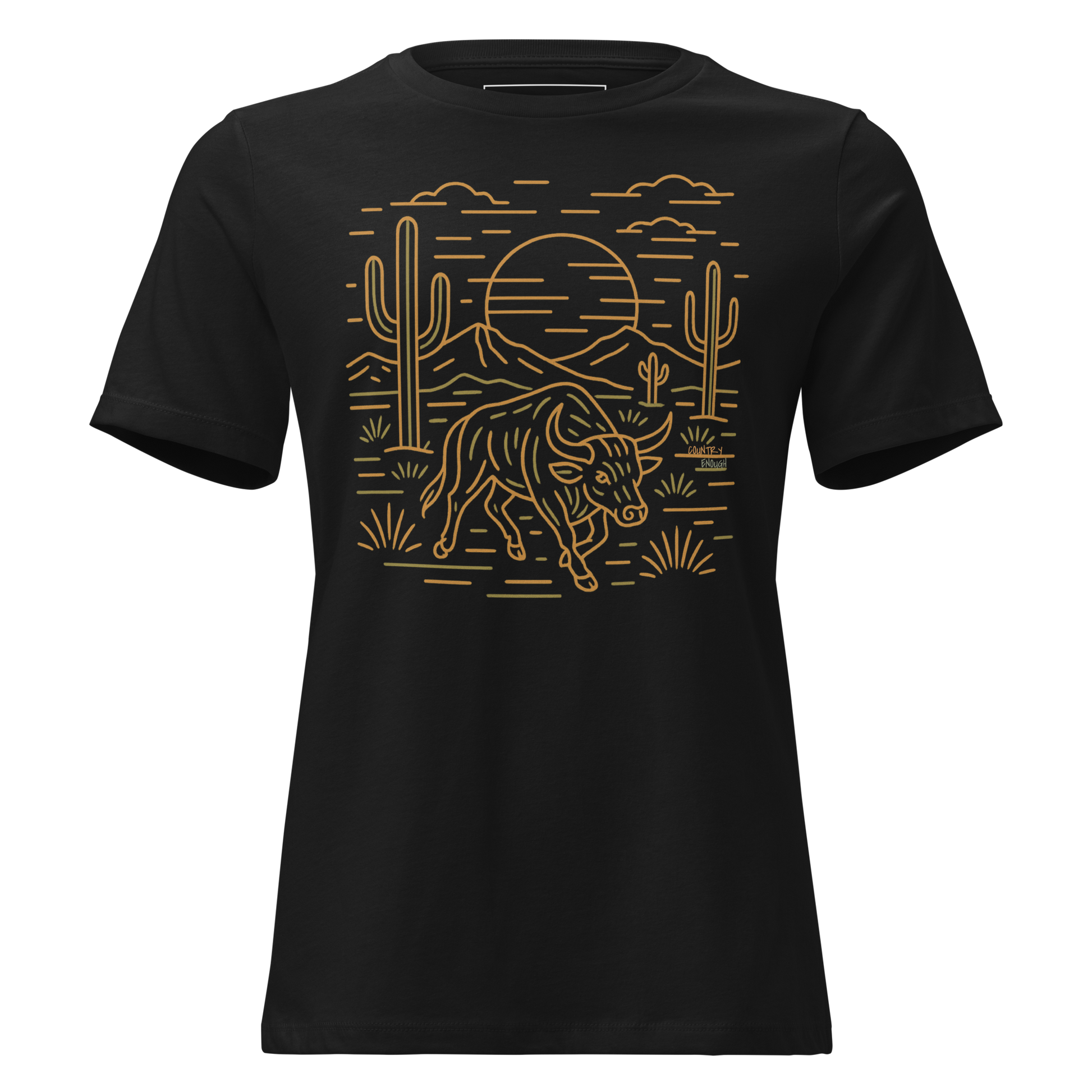 Black t-shirt with graphic or bull, cacti, sun, and desert landscape #black