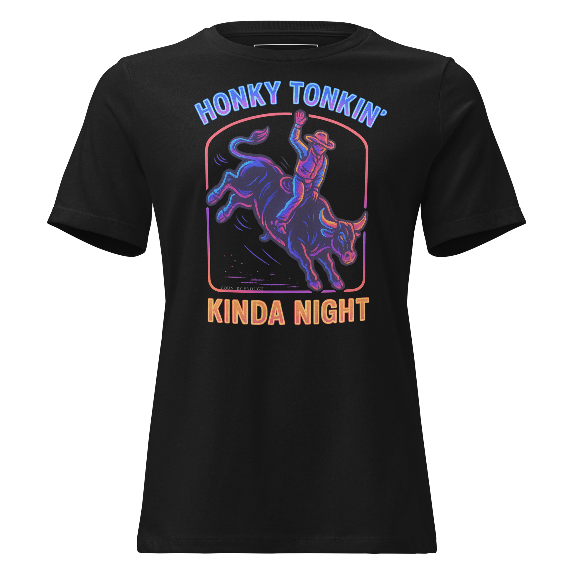 Black t-shirt with neon graphic of a bull rider on a bucking bull, with the words honky tonkin' kinda night #black
