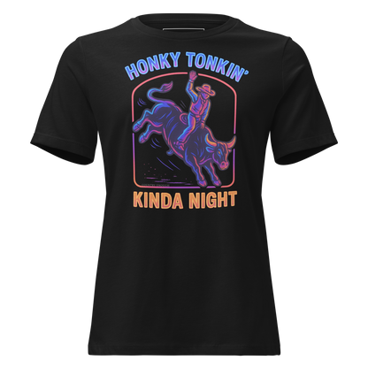 Black t-shirt with neon graphic of a bull rider on a bucking bull, with the words honky tonkin' kinda night #black