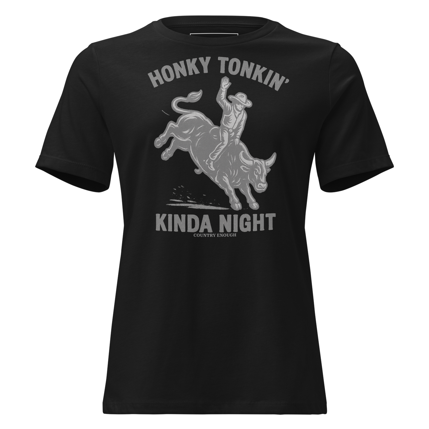 Black t-shirt with graphic of a bull rider on a bucking bull and the words honky tonkin' kinda night #black