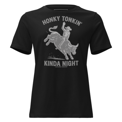 Black t-shirt with graphic of a bull rider on a bucking bull and the words honky tonkin' kinda night #black