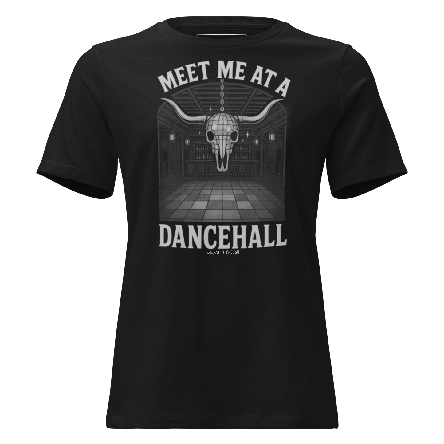 Black t-shirt with graphic of a bar scene, bull skull shaped disco ball, and words meet me at a dancehall, all in gray #black