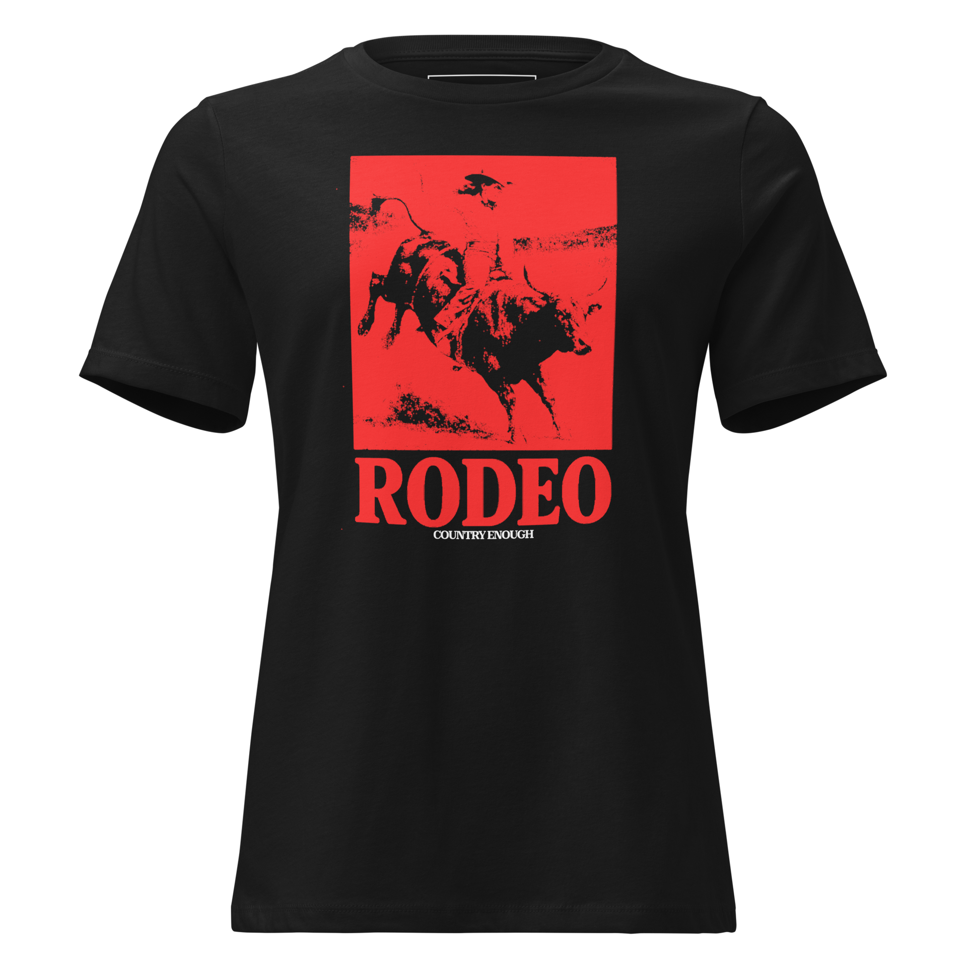 Black t-shirt with bright red graphic of a cowgirl riding a bull and the word rodeo below #black