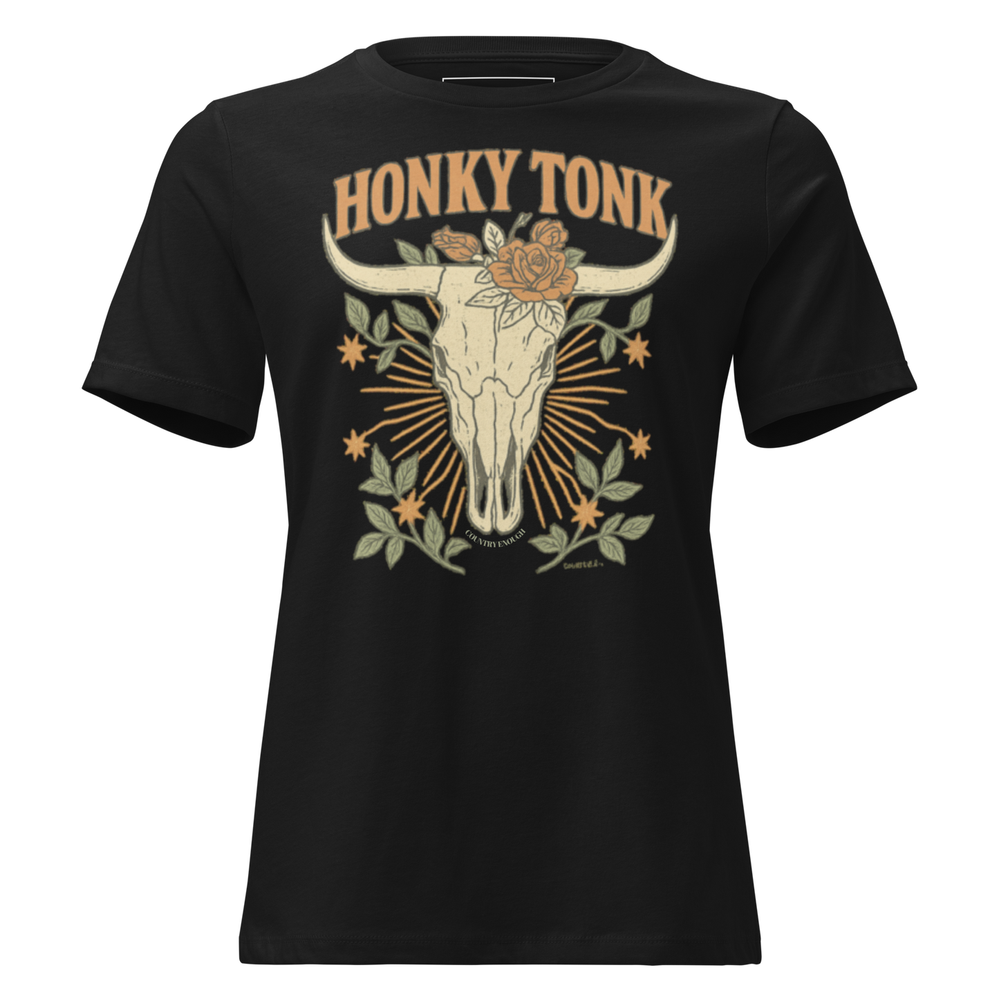 Black t-shirt with graphic of bull skull and roses with word honky tonk above #black
