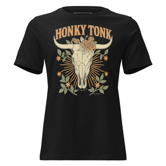Black t-shirt with graphic of bull skull and roses with word honky tonk above #black