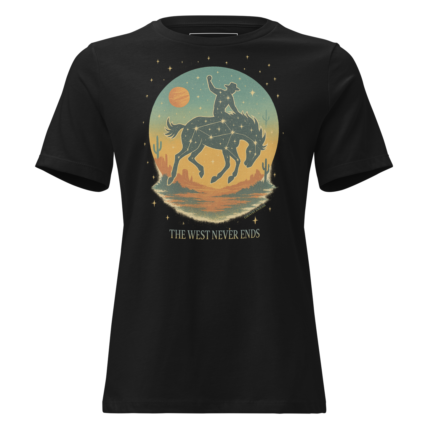 Black t-shirt with graphic of a bucking horse with rider on top, desert landscape, stars and constellations, and the words the west never ends #black