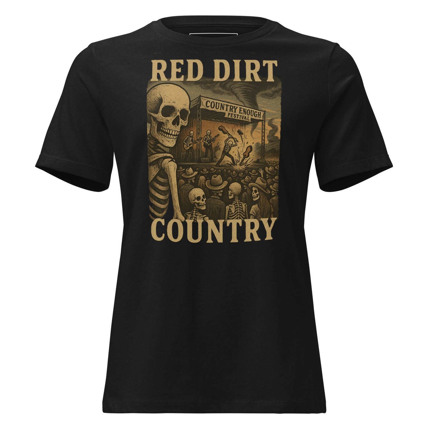 Black t-shirt with graphic of skeletons watch a country enough musical festival of a skeleton band with words red dirt country #black
