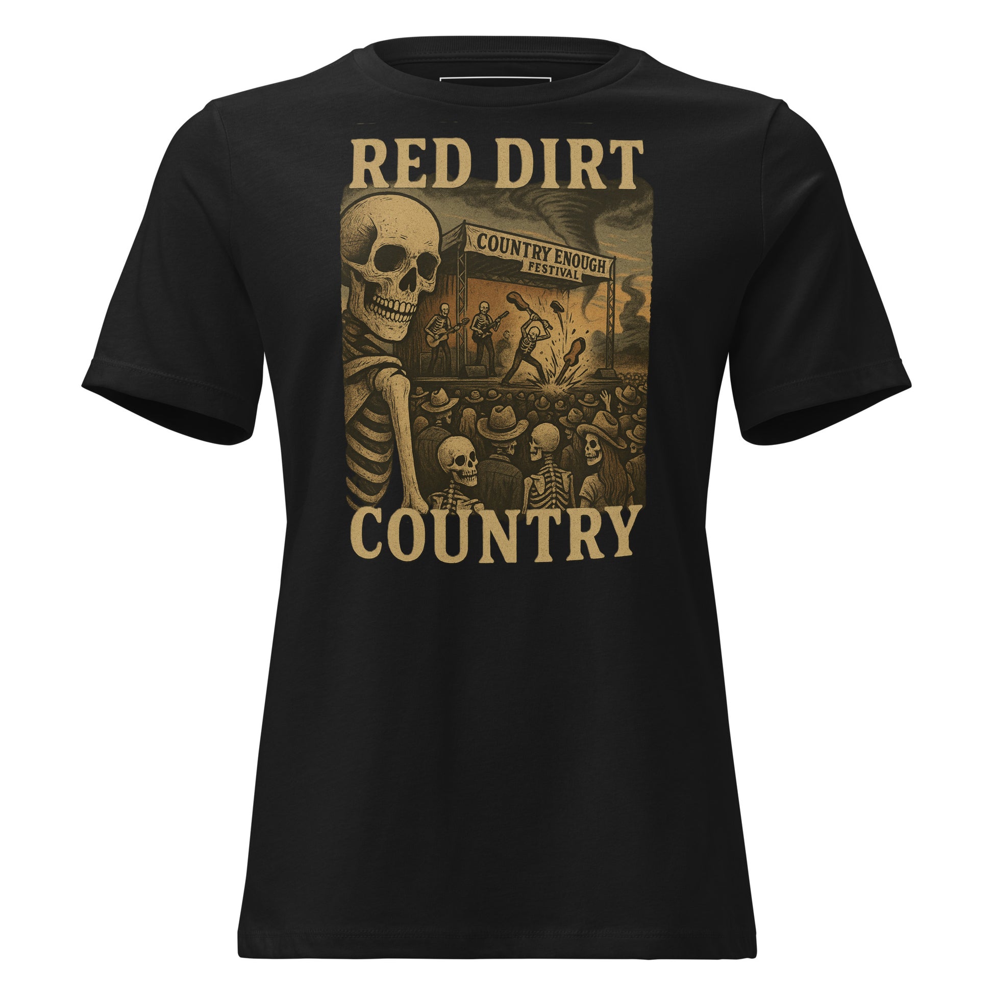 Black t-shirt with graphic of skeletons watch a country enough musical festival of a skeleton band with words red dirt country #black