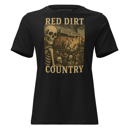 Black t-shirt with graphic of skeletons watch a country enough musical festival of a skeleton band with words red dirt country #black