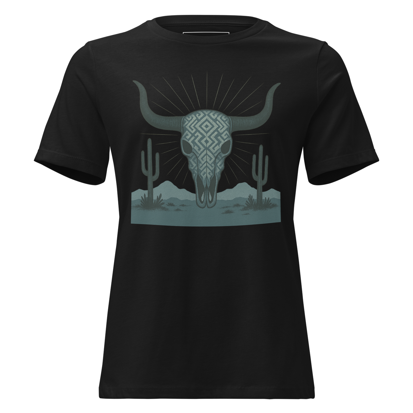 Black t-shirt with dark green bull skull and mirrored cacti on a desert landscape #black