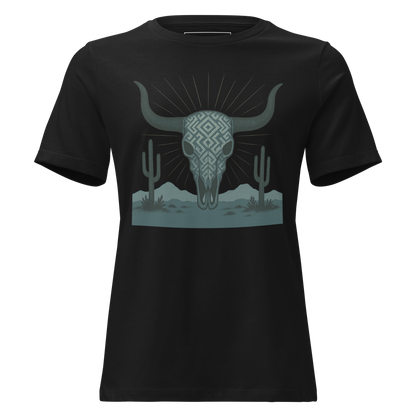 Black t-shirt with dark green bull skull and mirrored cacti on a desert landscape #black