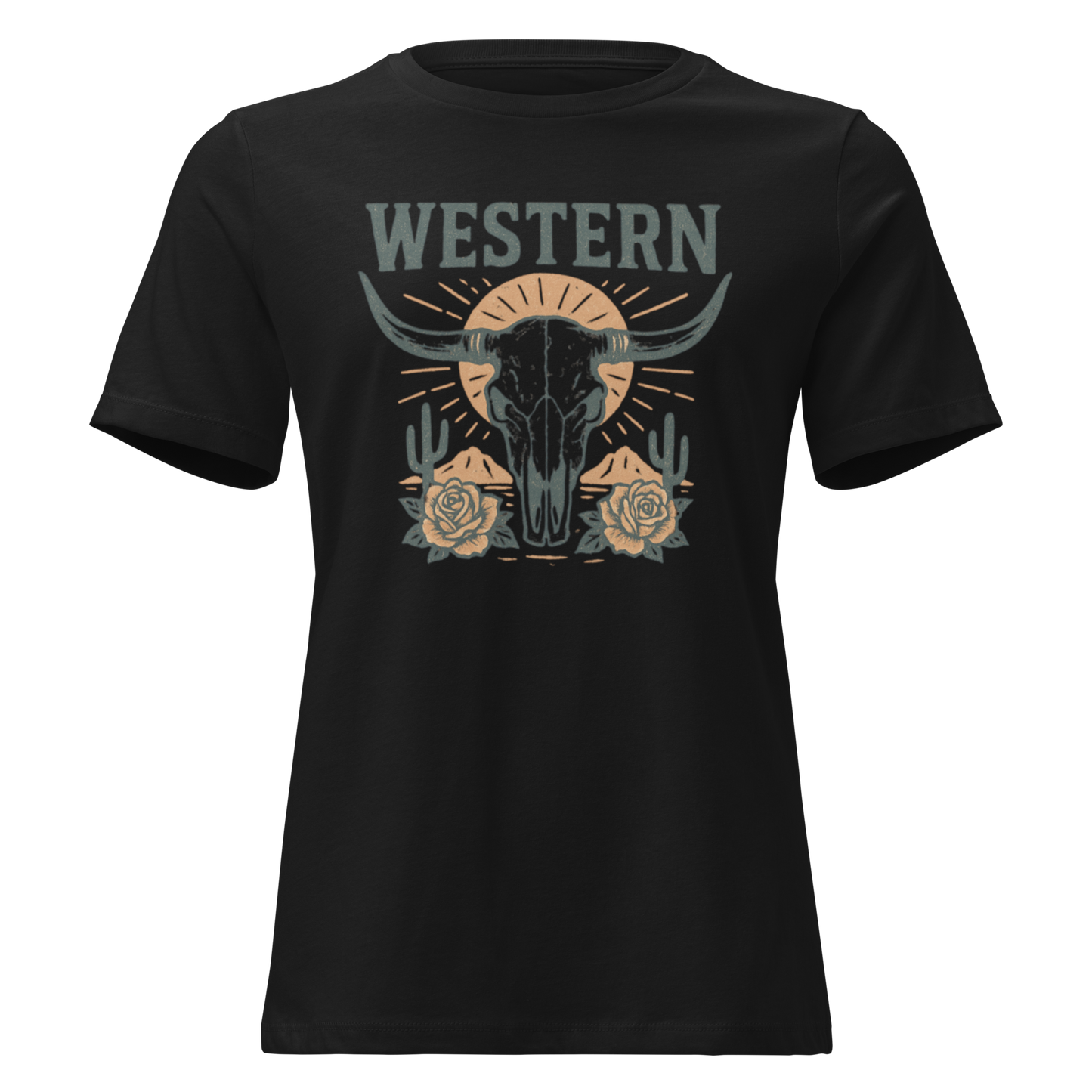 Black t-shirt with graphic of desert landscape, cacti, roses, bull skull and sun. #black