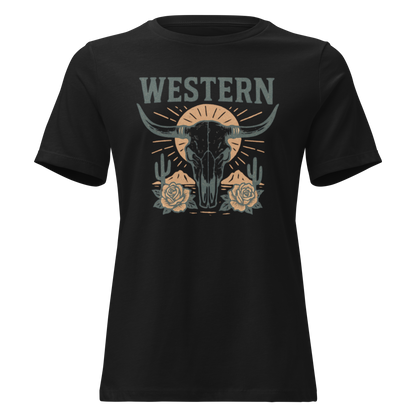 Black t-shirt with graphic of desert landscape, cacti, roses, bull skull and sun. #black