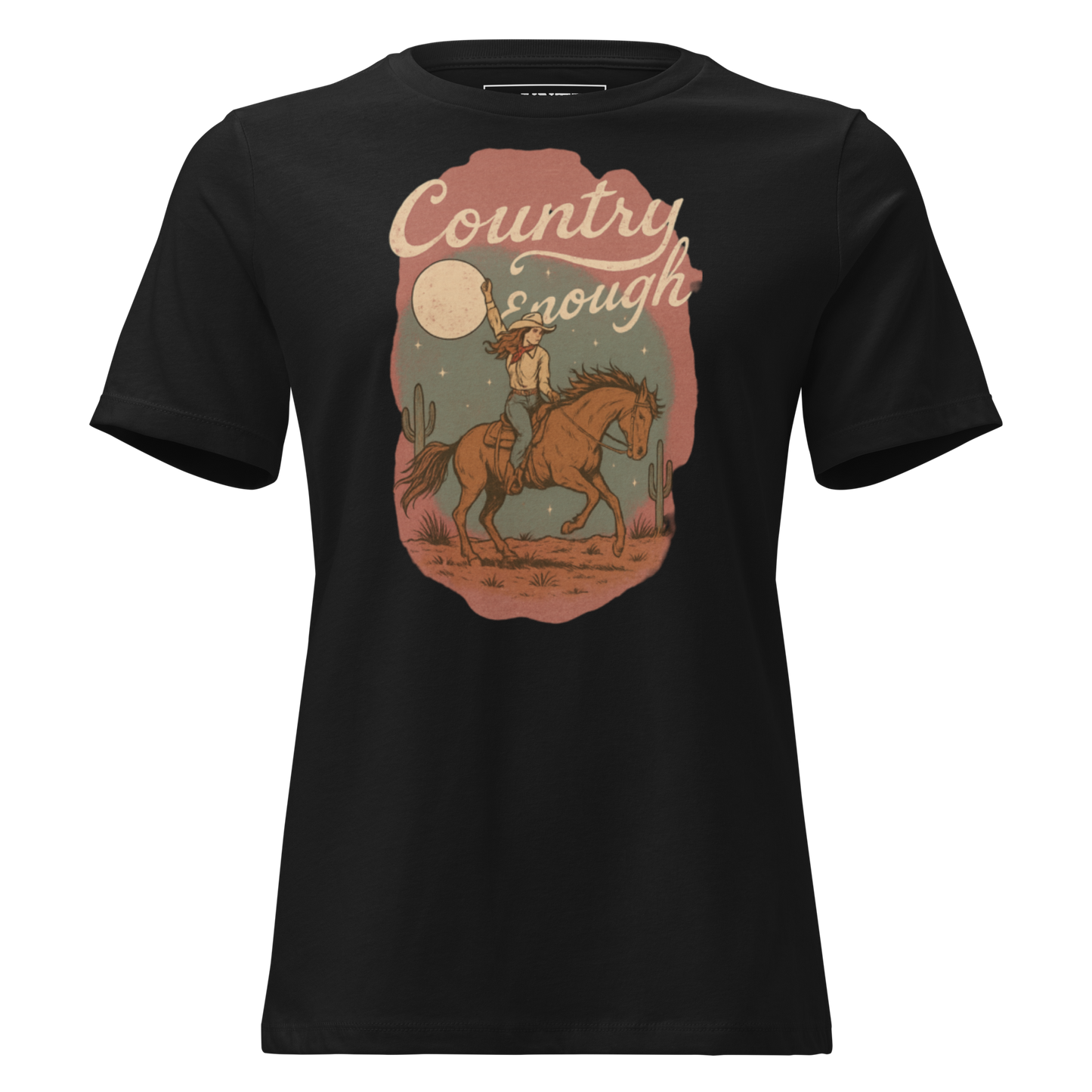 Black t-shirt with cowgirl and horse graphic featuring a western landscape under moon and stars #black