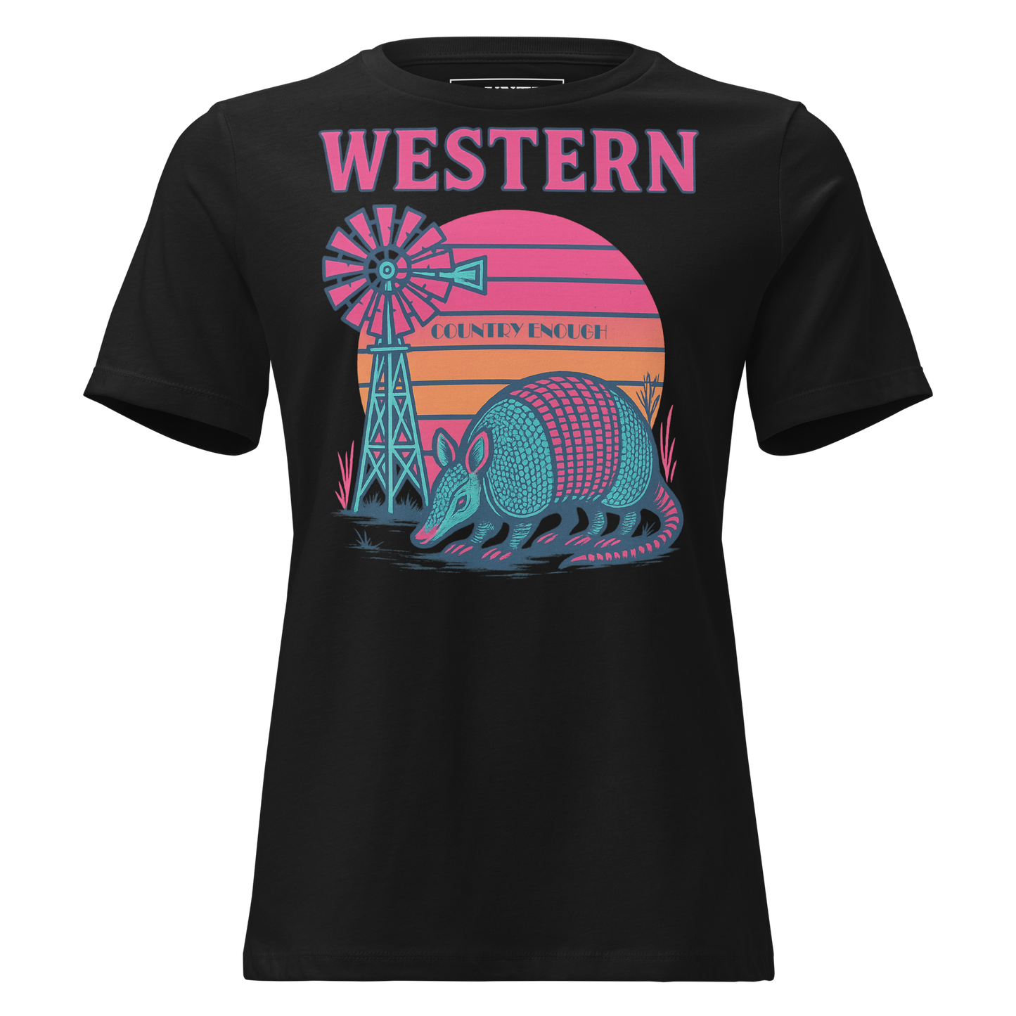 Black t-shirt with sunset, windmill, and an armadillo graphic #black