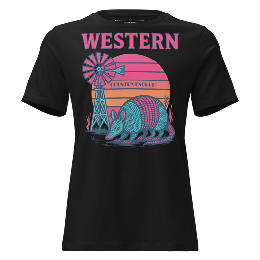 Black t-shirt with sunset, windmill, and an armadillo graphic #black