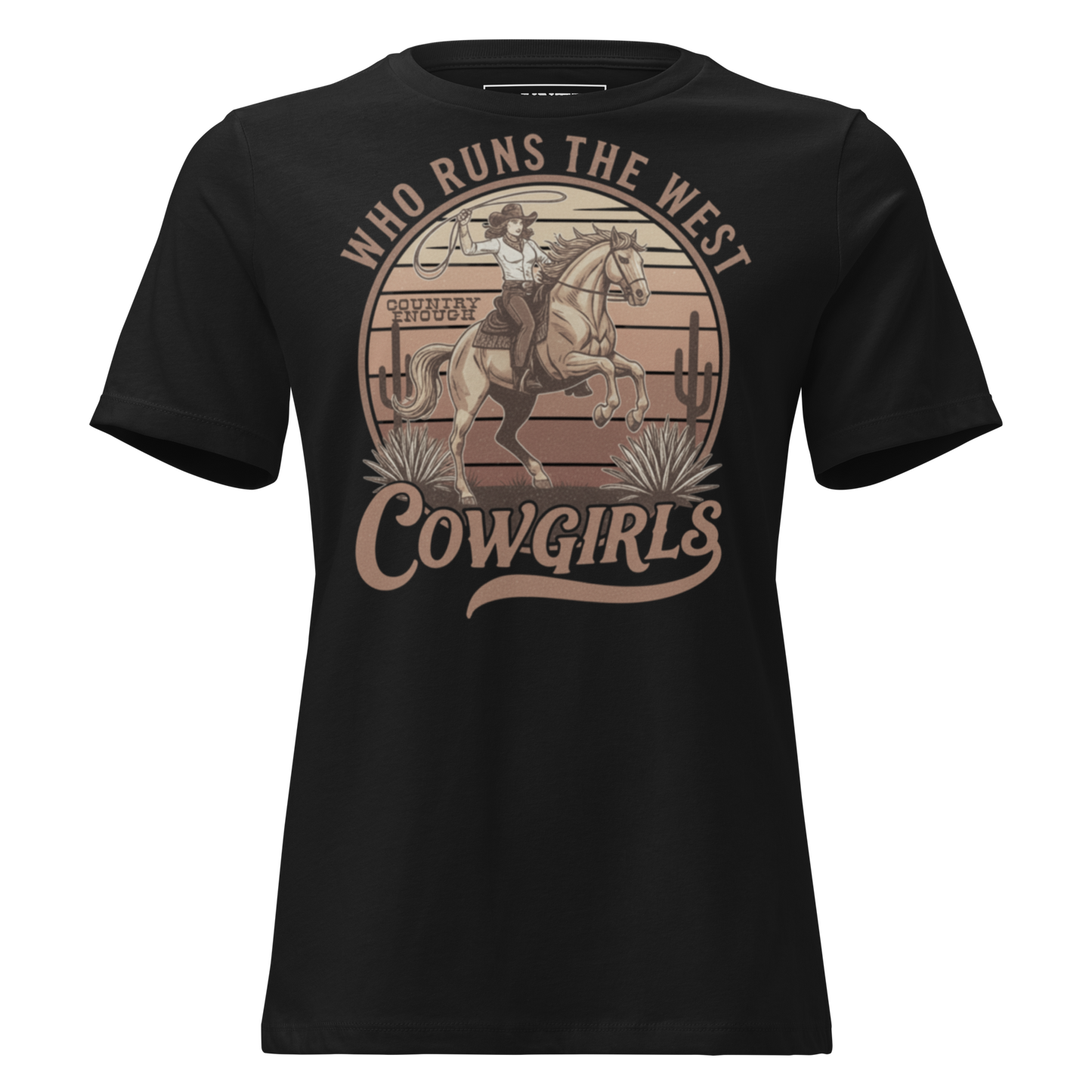 Black t-shirt with graphic of a roping cowgirl on a horse, cacti, and words who runs the west cowgirls #black