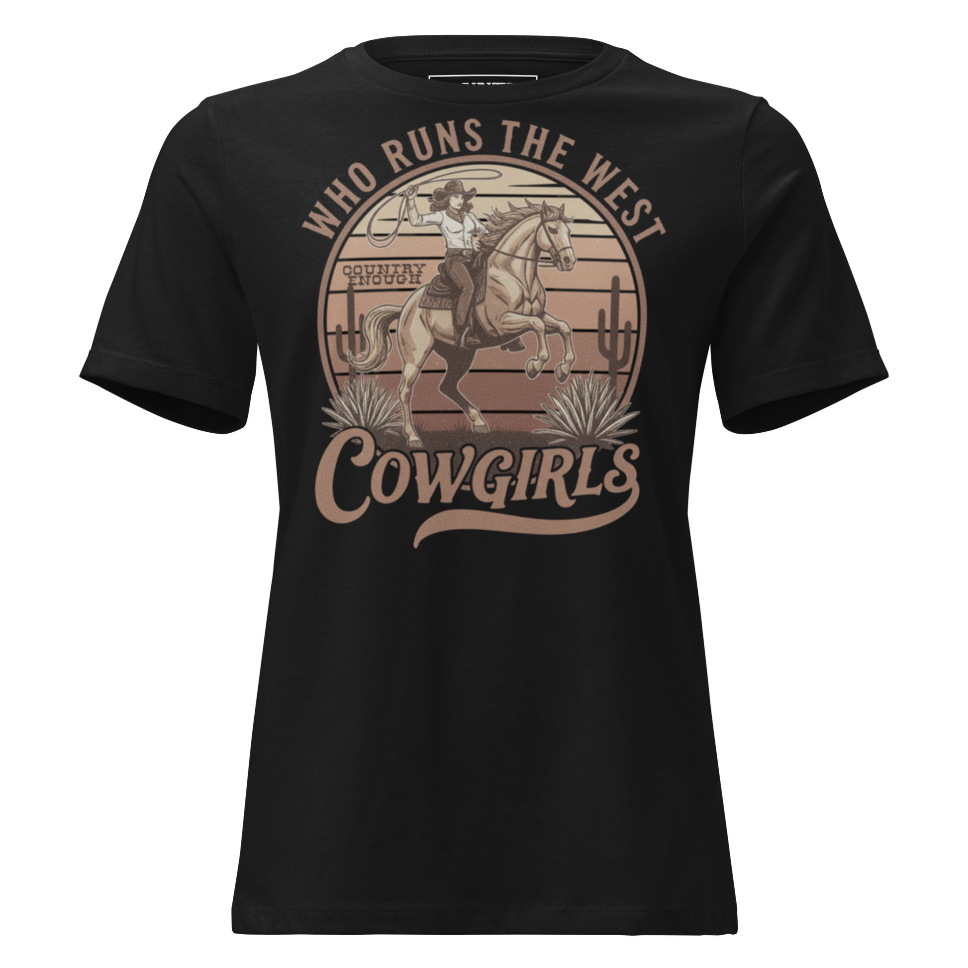 Black t-shirt with graphic of a roping cowgirl on a horse, cacti, and words who runs the west cowgirls #black