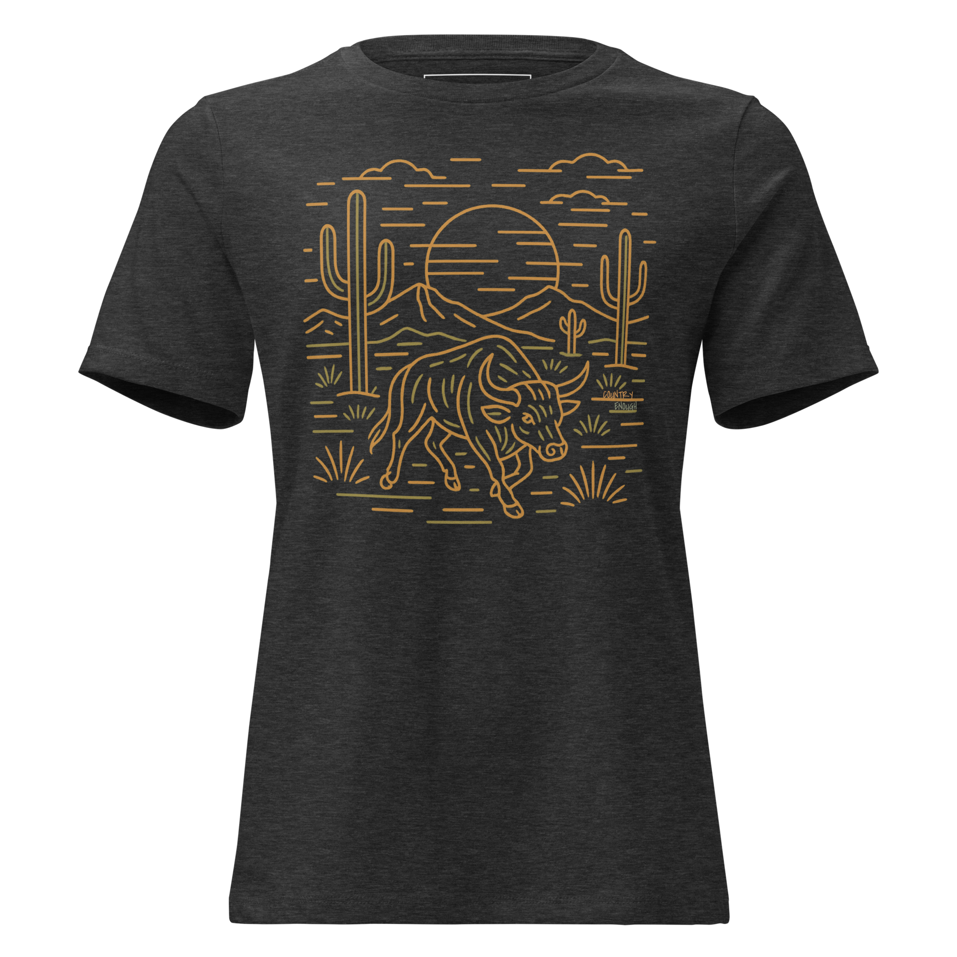 Dark Grey Heather t-shirt with graphic or bull, cacti, sun, and desert landscape #darkgreyheather