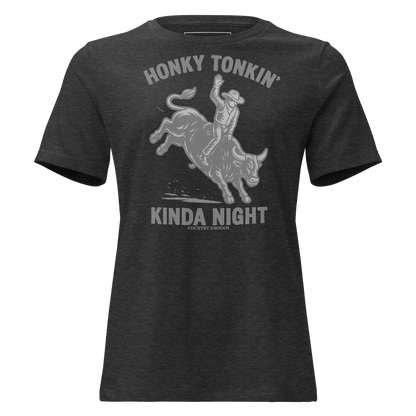 Dark Grey Heather t-shirt with graphic of a bull rider on a bucking bull and the words honky tonkin' kinda night #darkgreyheather