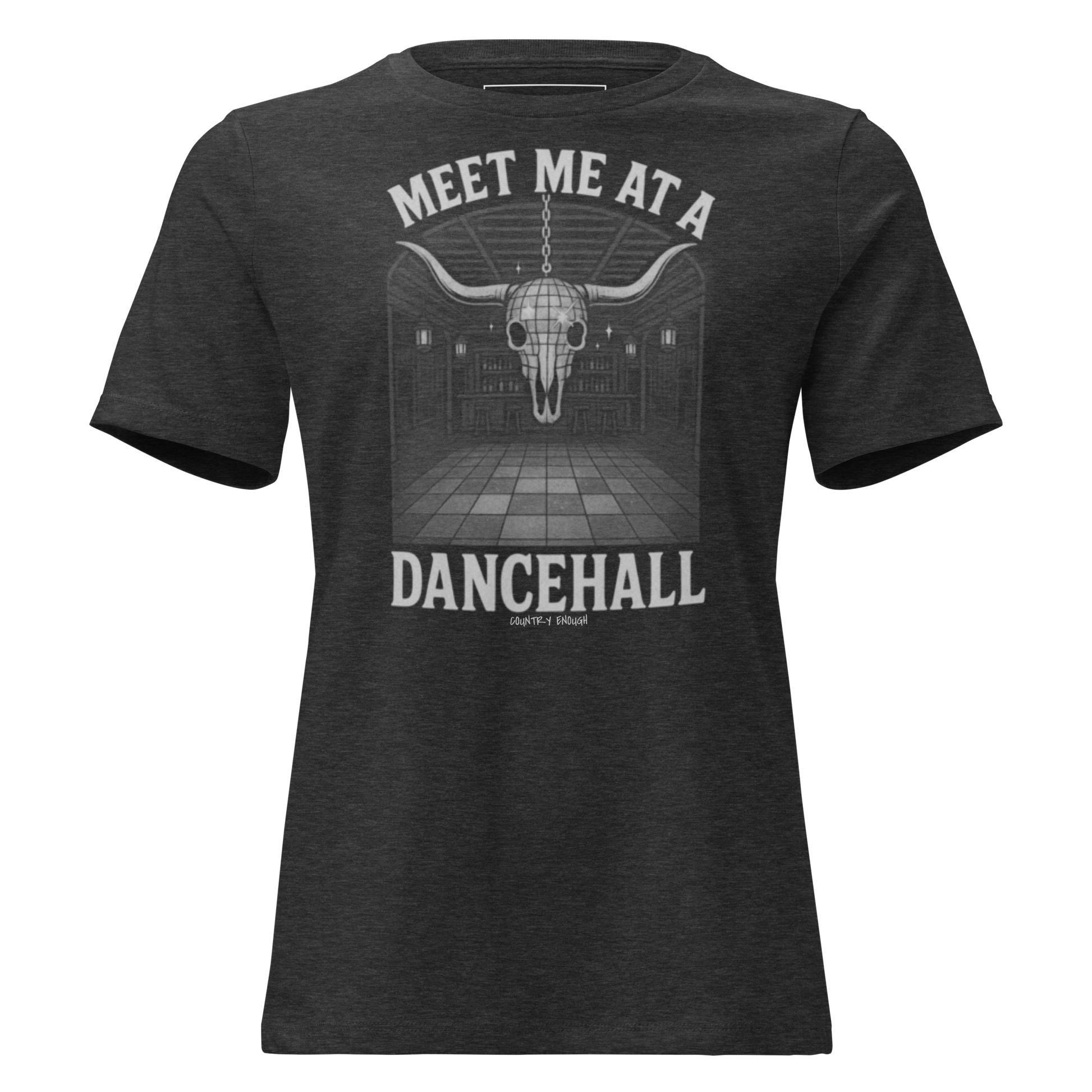 Dark Grey Heather t-shirt with graphic of a bar scene, bull skull shaped disco ball, and words meet me at a dancehall, all in gray #darkgreyheather