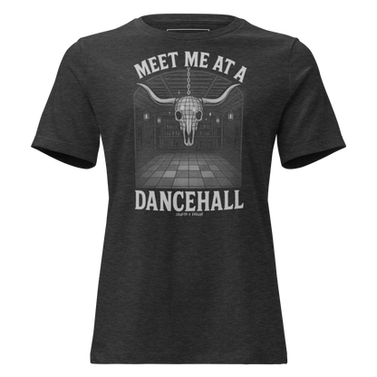 Dark Grey Heather t-shirt with graphic of a bar scene, bull skull shaped disco ball, and words meet me at a dancehall, all in gray #darkgreyheather