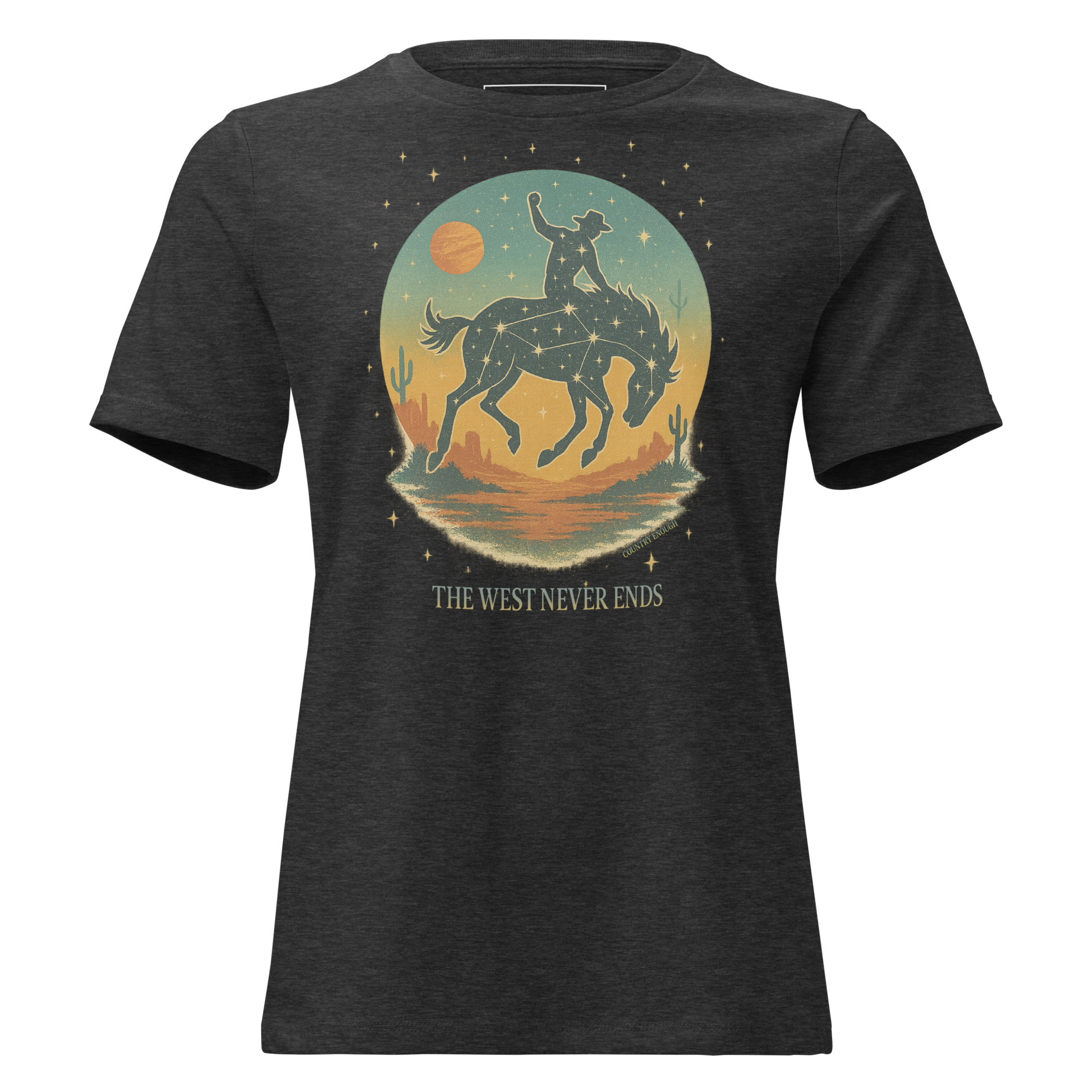 Dark Grey Heather t-shirt with graphic of a bucking horse with rider on top, desert landscape, stars and constellations, and the words the west never ends #darkgreyheather