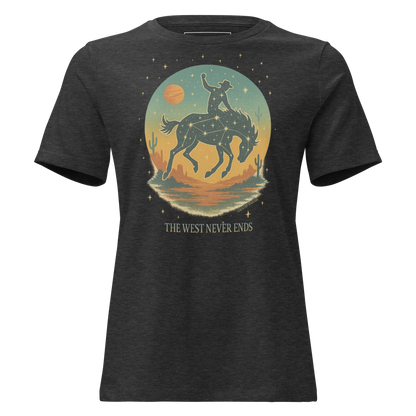 Dark Grey Heather t-shirt with graphic of a bucking horse with rider on top, desert landscape, stars and constellations, and the words the west never ends #darkgreyheather