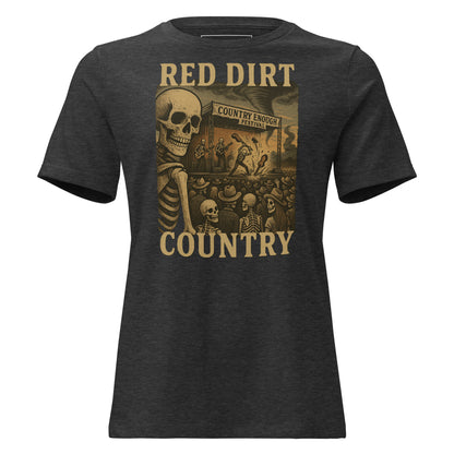 Dark Grey Heather t-shirt with graphic of skeletons watch a country enough musical festival of a skeleton band with words red dirt country #darkgreyheather