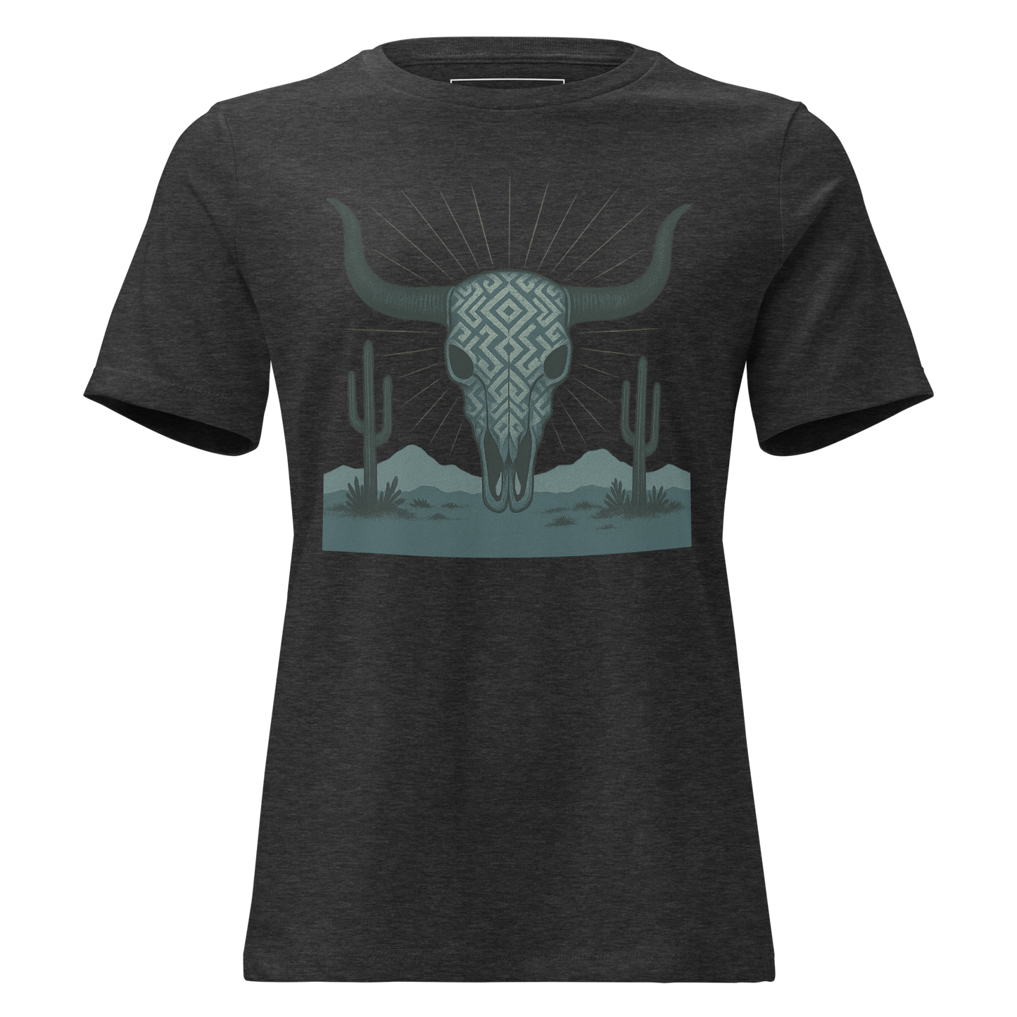 Dark Grey Heather t-shirt with dark green bull skull and mirrored cacti on a desert landscape #darkgreyheather