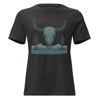 Dark Grey Heather t-shirt with dark green bull skull and mirrored cacti on a desert landscape #darkgreyheather