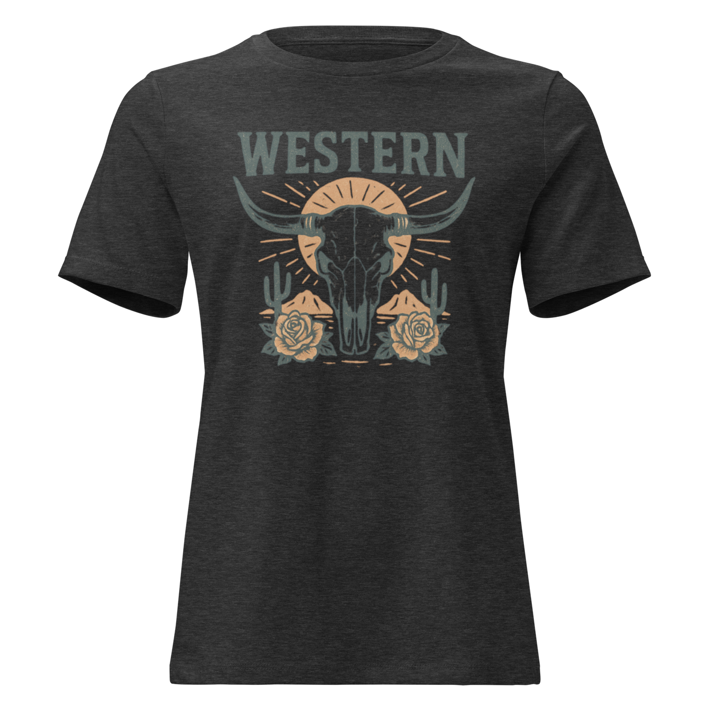 Dark Grey Heather t-shirt with graphic of desert landscape, cacti, roses, bull skull and sun. #darkgreyheather