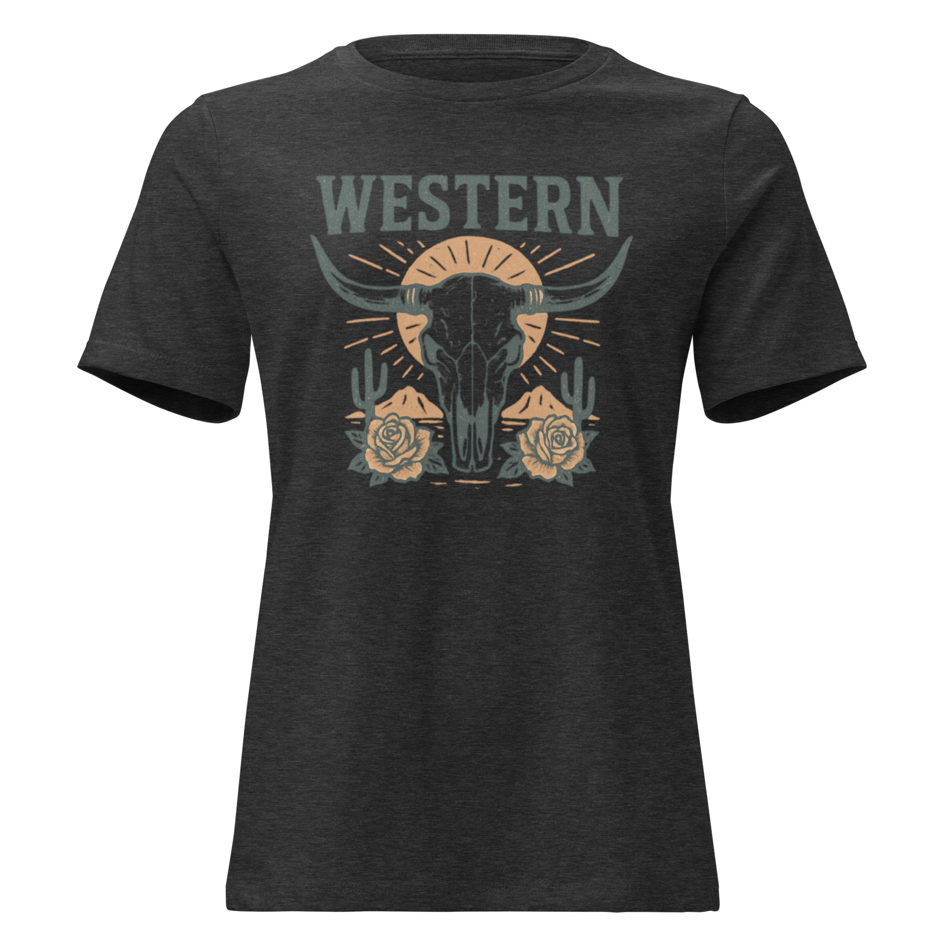 Dark Grey Heather t-shirt with graphic of desert landscape, cacti, roses, bull skull and sun. #darkgreyheather